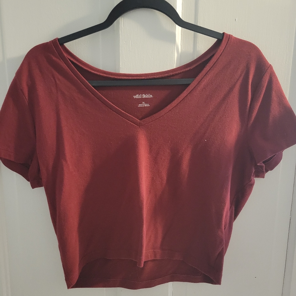 Red cropped v-neck